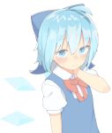  1girl ahoge blue_bow blue_dress blue_eyes blue_hair bow bowtie cirno commentary_request detached_wings dress hair_bow hand_on_own_neck hand_up highres ice ice_wings kae_karee red_neckwear shirt short_hair short_sleeves simple_background solo sweatdrop touhou upper_body white_background white_shirt wings 