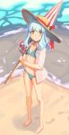  1girl :&lt; absurdres ao_no_kiseki barefoot beach_umbrella bikini blue_bikini blue_hair boa_(brianoa) collared_shirt eiyuu_densetsu flat_chest footprints full_body green_eyes hat hat_ribbon highres holding looking_at_viewer ocean open_clothes open_shirt over_shoulder parted_lips polka_dot polka_dot_bikini red_ribbon ribbon sand shirt solo standing straw_hat swimsuit tio_plato umbrella water white_shirt zero_no_kiseki 