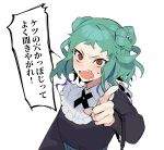  1girl angry character_request copyright_request green_hair highres looking_at_viewer ohisashiburi pointing pointing_at_viewer red_eyes ribbon sharp_teeth short_hair teeth 