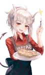  1girl :d ahoge apron clothes_writing collared_shirt cream cream_on_face demon_girl demon_horns demon_tail fang food food_on_face fork helltaker highres holding horns huwali_(dnwls3010) long_hair looking_at_viewer lucifer_(helltaker) mole mole_under_eye open_mouth pancake plate ponytail red_eyes red_shirt shirt sidelocks silver_hair simple_background smile solo sparkle tail tail_raised upper_body v-shaped_eyebrows white_background 