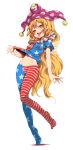  1girl american_flag_dress american_flag_legwear blonde_hair breasts clownpiece commentary_request dress dress_lift fairy_wings fangs full_body groin harusame_(unmei_no_ikasumi) hat highres hip_bones jester_cap long_hair looking_at_viewer midriff naughty_face navel no_pants no_shoes open_mouth pantyhose pink_eyes polka_dot ringed_eyes sharp_teeth short_sleeves small_breasts smile solo standing standing_on_one_leg striped striped_legwear teeth tongue tongue_out touhou transparent_wings very_long_hair wavy_hair wings 