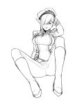  1girl absurdres arm_support breasts elf hair_over_one_eye highres less looking_at_viewer medium_breasts monochrome original pointy_ears short_hair sitting solo uniform white_background 