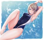  1girl absurdres arms_up barefoot black_swimsuit blue_background blue_eyes breasts competition_swimsuit cowboy_shot grey_hair highres looking_at_viewer love_live! love_live!_sunshine!! medium_breasts one-piece_swimsuit one_eye_closed rama_(yu-light8) short_hair sitting solo stretch swimsuit watanabe_you 