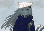  1girl animal_ears arknights blue_jacket clouds eyebrows_visible_through_hair fang fang_out grey_eyes hair_ornament hairclip high_collar highres jacket katana lappland_(arknights) long_hair long_sleeves looking_at_viewer scar scar_across_eye silver_hair sky skyblue_127 smile solo sword weapon wolf_ears 