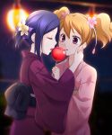  2girls bangs blonde_hair blue_hair blurry blurry_background blush candy_apple closed_eyes festival flower food fresh_precure! hair_flower hair_ornament higashi_setsuna japanese_clothes kimono kotobuki_oto long_hair long_sleeves looking_at_another momozono_love multiple_girls night obi open_mouth outdoors parted_bangs pink_flower pink_kimono precure purple_flower purple_kimono sash standing tied_hair twintails violet_eyes wide_sleeves yellow_flower yuri 