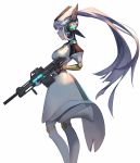  1girl android blue_eyeshadow closed_mouth cross dress eyeshadow gradient gradient_background gun hat holding holding_gun holding_weapon kenpenghaoxuan long_hair makeup nurse nurse_cap original pink_hair red_eyes standing weapon white_dress 