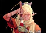  1girl absurdres black_background black_bow blonde_hair bow closed_mouth commentary_request elf glint hair_bow highres holding holding_sword holding_weapon hololive kaze_no_ne looking_at_viewer pointy_ears ponytail red_eyes sekiro:_shadows_die_twice shiranui_flare solo sword upper_body virtual_youtuber weapon 