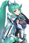  1girl armor bangs breasts cowboy_shot earrings gloves gonzarez green_eyes green_hair hair_ornament headpiece highres jewelry long_hair long_ponytail looking_at_viewer pneuma_(xenoblade) ponytail simple_background smile solo swept_bangs tiara white_background xenoblade_(series) xenoblade_2 