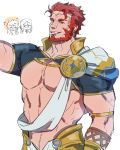  abs arm_up armor bara beard blush capelet chest chibi chibi_inset cosplay covered_navel crown facial_hair facial_scar fate/grand_order fate/zero fate_(series) greek_clothes iskandar_(fate) jeje_(pixiv12541114) leather long_hair looking_at_another looking_at_viewer male_focus manly multiple_boys muscle nipples pectorals red_eyes redhead revealing_clothes sash scar short_sleeves simple_background smile solo_focus sparkle upper_body waver_velvet zeus_(fate/grand_order) zeus_(fate/grand_order)_(cosplay) 