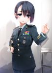  1girl aqua_eyes army black_hair blush hair_over_eyes hand_on_hip highres looking_at_viewer military military_uniform mole necktie open_mouth original samazuka_mashiro short_hair solo uniform 