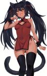  1girl :3 :d ahoge animal_ears black_hair black_legwear blush breasts cat_ears cat_girl cat_tail clothing_request copyright_request covered_navel cowboy_shot fangs hair_between_eyes hair_ribbon highres long_hair looking_at_viewer medium_breasts navel open_mouth red_ribbon ribbon saigi simple_background smile solo symbol_commentary tail thigh-highs twintails white_background yellow_eyes 