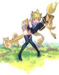  1boy banana biting biting_clothes blush boots dog food fruit full_body headset kagamine_len magical_girl mouth_hold naoko_(naonocoto) open_mouth shiba_inu sleeves_past_wrists tears thigh-highs thigh_boots vocaloid 