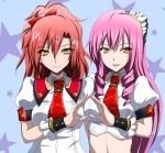  2girls akuma_no_riddle bangs blue_background bow brown_eyes c-wing closed_mouth collared_shirt crop_top drill_hair eyebrows_visible_through_hair hair_between_eyes hair_bow hair_ornament hairclip inukai_isuke long_hair looking_at_viewer midriff multiple_girls necktie open_mouth pink_hair ponytail red_bow red_neckwear redhead sagae_haruki shiny shiny_hair shirt short_sleeves smile starry_background stomach tied_hair twin_drills upper_body very_long_hair white_shirt wing_collar wrist_cuffs yellow_eyes 