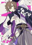  1boy arm_up brown_hair chain english_commentary eyebrows_visible_through_hair flower green_eyes hair_between_eyes hakama hypnosis_mic japanese_clothes kimono long_sleeves looking_at_viewer male_focus paper parted_lips solo white_kimono yoshiki yumeno_gentarou 
