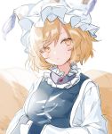  1girl absurdres blonde_hair blurry blush commentary_request depth_of_field hat head_tilt highres looking_at_viewer medium_hair mokyuko multiple_tails pillow_hat sketch solo tabard tail touhou upper_body white_background yakumo_ran yellow_eyes 