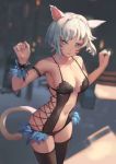  1girl animal_ears bare_shoulders black_legwear blue_eyes blurry blurry_background cat_ears cat_tail closed_mouth facial_mark final_fantasy final_fantasy_xiv highres kenpenghaoxuan miqo&#039;te navel red_lips short_hair smile solo tail thigh-highs white_hair 