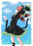  animal_ears black_bow black_dress black_ribbon bow bubble cat_ears cat_girl cat_tail chups closed_mouth dress extra_ears eyebrows_visible_through_hair fang frilled_dress frilled_sleeves frills green_frills highres kaenbyou_rin looking_at_viewer multiple_tails outdoors red_eyes red_neckwear redhead ribbon sky stretch tail touhou two_tails 