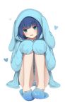  1girl :d amashiro_natsuki animal_ears animal_hood bangs blue_eyes blue_footwear blue_hair blue_hoodie bunny_hood commentary_request eyebrows_behind_hair fake_animal_ears full_body hands_on_own_knees hands_up heart highres hood hood_up hoodie knees_up long_sleeves looking_at_viewer open_mouth original panties rabbit_ears simple_background sitting sleeves_past_fingers sleeves_past_wrists slippers smile solo striped striped_panties underwear white_background 