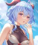  1girl adapted_costume ahoge anbe_yoshirou black_swimsuit blue_sky blush breasts clouds cloudy_sky commentary eyelashes ganyu_(genshin_impact) genshin_impact goat_horns hair_between_eyes hand_to_own_mouth highres horns light_blue_hair long_hair looking_at_viewer medium_breasts one-piece_swimsuit open_mouth ponytail sky solo swimsuit upper_body violet_eyes wet 