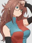  1girl android_21 black_nails blue_eyes breasts brown_hair checkered checkered_dress dragon_ball dragon_ball_fighterz dress glasses grey_background hand_up kemachiku long_hair medium_breasts nail_polish simple_background solo upper_body 
