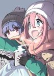  2girls :d absurdres aqua_eyes blue_hair breath commentary cup fingerless_gloves gloves hat highres holding holding_cup kagamihara_nadeshiko multiple_girls n2midori open_mouth pink_hair scarf shima_rin smile steam violet_eyes winter_clothes yurucamp 