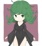  1girl absurdres bangs black_dress breasts brown_background closed_mouth collarbone commentary_request dress eyebrows_visible_through_hair green_eyes green_hair highres long_hair long_sleeves looking_at_viewer one-punch_man rururu_(pyrk8855) small_breasts solo tatsumaki two-tone_background white_background wide_sleeves 