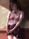  1girl black_hair blush bra breasts closed_mouth eyebrows_visible_through_hair highres long_hair looking_down medium_breasts original purple_skirt red_bra red_eyes school school_uniform see-through shirt short_sleeves skirt solo tama_(seiga46239239) underwear wet wet_clothes wet_hair wet_shirt wet_skirt white_shirt 