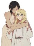  2girls backless_dress backless_outfit black_hair blonde_hair blue_eyes blush brown_hair christa_renz dress freckles hair_between_eyes happy height_difference highres hug hug_from_behind jacket long_hair looking_at_viewer medium_hair multiple_girls pi0w0pi shingeki_no_kyojin short_hair smile ymir_(shingeki_no_kyojin) younger yuri 