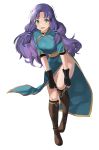  1girl black_gloves commission cosplay dress fingerless_gloves fire_emblem fire_emblem:_the_blazing_blade florina_(fire_emblem) full_body gloves green_eyes highres j@ck long_hair lyn_(fire_emblem) lyn_(fire_emblem)_(cosplay) open_mouth purple_hair short_sleeves simple_background solo white_background 