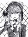  1girl chain-link_fence crown double-breasted eyebrows_visible_through_hair fence fingernails gloves greyscale hand_up highres hololive hoshimachi_suisei jacket long_sleeves looking_at_viewer medium_hair mini_crown monochrome nanashi_(nlo74593630) necktie parted_lips partly_fingerless_gloves solo star_(symbol) star_in_eye symbol_in_eye upper_body 