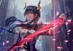  1girl arknights bangs black_jacket blue_hair building ch&#039;en_(arknights) commentary dragon_horns dual_wielding gomashiwo_o hair_between_eyes holding holding_sword holding_weapon horns jacket long_hair looking_at_viewer low_twintails necktie open_clothes open_jacket outdoors rain red_eyes shirt sidelocks solo sword twintails upper_body weapon white_shirt yellow_neckwear 