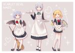  3girls absurdres alternate_costume apron bat_wings black_footwear blonde_hair blue_dress blue_eyes blue_hair bow bowtie broom cake commentary contrapposto cup dress duster english_commentary english_text enmaided eyebrows_visible_through_hair flandre_scarlet food fruit full_body grey_background hand_on_own_chin heart highres holding holding_broom holding_duster holding_tray izayoi_sakuya kneehighs knees_together_feet_apart knife laevatein looking_at_viewer maid maid_apron maid_headdress multiple_girls one_side_up open_mouth pantyhose red_eyes red_neckwear remilia_scarlet short_dress short_hair shortcake slice_of_cake smile standing strawberry teacup teapot thigh-highs touhou tray white_legwear wings wrist_cuffs yaruwashi zettai_ryouiki 