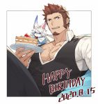  1boy 47 beard blue_eyes brown_hair cake chest collar facial_hair fate/grand_order fate_(series) food fou_(fate/grand_order) goatee happy_birthday highres long_sleeves looking_at_viewer male_focus muscle napoleon_bonaparte_(fate/grand_order) open_clothes pants pectorals scar sideburns solo tight toned toned_male unbuttoned 