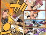  2boys bare_shoulders black_hair blocking crossover english_commentary fairy_tail fighting fire freckles grin hat henil031 jewelry kicking multiple_boys natsu_dragneel necklace one_piece pink_hair portgas_d_ace scarf shirtless smile spiky_hair straw_hat tattoo watermark 