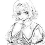  1girl alice_margatroid closed_mouth commentary eyebrows_visible_through_hair frilled_hairband frills greyscale hairband highres looking_at_viewer monochrome necktie puffy_short_sleeves puffy_sleeves rye_(hyn_uka) short_hair short_sleeves simple_background smile solo touhou vest white_background 