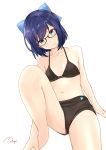  1girl alternate_costume bare_shoulders bikini black-framed_eyewear black_bikini blue_eyes blue_hair collarbone eyebrows_visible_through_hair glasses hololive logo nagi_(shunsuke-manage) shorts signature sitting solo swimsuit virtual_youtuber white_background yuujin_a_(hololive) 