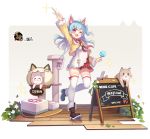  1girl ;d animal animal_bag animal_ears arm_up bag bangs bell black_footwear blue_hair blush boots cat cat_bag cat_ears cat_tower character_request dress english_text eyebrows_visible_through_hair fake_animal_ears fang food hair_between_eyes hasu_(velicia) highres holding holding_food jacket jingle_bell long_hair mahjong_soul official_art one_eye_closed one_side_up open_clothes open_jacket open_mouth plaid plaid_skirt popsicle red_eyes red_skirt romaji_text shoulder_bag sign skirt smile solo sparkle standing standing_on_one_leg thigh-highs thighhighs_under_boots white_dress white_legwear yellow_jacket 