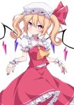  1girl ascot blonde_hair blush commentary_request flandre_scarlet frilled_shirt frilled_shirt_collar frilled_skirt frilled_sleeves frills hair_between_eyes hat hat_ribbon highres long_hair looking_at_viewer mob_cap puffy_short_sleeves puffy_sleeves red_eyes red_nails red_ribbon red_skirt red_vest ribbon shirt short_sleeves simple_background skirt solo touhou tsukimirin twintails vest white_background white_shirt wings yellow_neckwear 