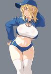  1girl arm_behind_head artoria_pendragon_(all) baseball_cap blonde_hair blue_eyes blue_headwear blue_shorts breasts crop_top eyebrows_visible_through_hair fate/grand_order fate_(series) grey_background hand_on_hip hat highres large_breasts long_sleeves looking_to_the_side midriff mysterious_heroine_xx_(foreigner) nakamura_yukitoshi navel open_mouth over-kneehighs ponytail short_shorts shorts shrug_(clothing) sidelocks simple_background solo standing thigh-highs under_boob white_legwear zipper_pull_tab 