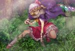  1girl cape chiaki_rakutarou claw_(weapon) clawed_gauntlets crystal dress flandre_scarlet frilled_dress frills fur_trim gauntlets grass hat highres mob_cap outdoors pink_eyes pointy_ears side_ponytail solo squatting touhou tree weapon wings 