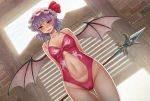  1girl arms_behind_back bat_wings blush chiaki_rakutarou embarrassed fang hat hat_ribbon highres indoors mob_cap navel one-piece_swimsuit pointy_ears purple_hair remilia_scarlet revealing_clothes ribbon saloon_doors short_hair solo staff swimsuit touhou wings 