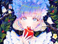  1girl 43_pon animal apple bangs bird blue_eyes blunt_bangs braid branch eyebrows_visible_through_hair food fruit hairband headdress holding holding_food holding_fruit holly lolita_fashion lolita_hairband looking_at_viewer multicolored_hair open_mouth original portrait shiny shiny_hair short_hair snow solo symbol_commentary 