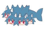  1girl animal animal_ear_fluff animal_ears animalization bangs blue_hair blush closed_eyes commentary_request eyebrows_visible_through_hair fox_ears hair_between_eyes highres kemomimi-chan_(naga_u) looking_at_viewer multiple_heads naga_u open_mouth original red_eyes shark simple_background solo v-shaped_eyebrows wavy_mouth white_background 