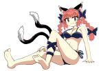  animal_ears bikini black_bikini black_bow black_ribbon bow breasts cat_ears cat_girl cat_tail chups closed_mouth extra_ears eyebrows_visible_through_hair fang highres kaenbyou_rin looking_at_viewer medium_breasts multiple_tails red_eyes red_nails redhead ribbon swimsuit tail touhou two_tails white_background 