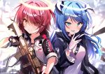  2girls :p absurdres arknights assault_rifle bangs belt black_belt black_gloves black_jacket black_shirt blue_eyes blue_hair blue_tongue blush breasts brown_eyes clothes_writing commentary_request exusiai_(arknights) eyebrows_visible_through_hair eyes_visible_through_hair gloves gun h&amp;k_hk416 hair_intakes hair_over_one_eye halo hand_up heart highres holding holding_gun holding_weapon horns jacket long_hair long_sleeves looking_at_viewer medium_breasts mostima_(arknights) multiple_girls nenobi_(nenorium) open_clothes open_jacket raglan_sleeves redhead rifle shirt short_hair smile tongue tongue_out weapon white_gloves white_jacket white_shirt 