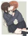  2girls against_wall black_hair brown_hair closed_eyes collar_grab girls_und_panzer incest kiss kneehighs kuromorimine_school_uniform multiple_girls mutsu_(layergreen) nishizumi_maho nishizumi_miho school_uniform short_hair siblings sisters sitting skirt yuri 