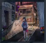  1girl awning black_hair black_shorts building cabbage_kizamiyarou day flower grate ground_vehicle highres motor_vehicle original road_sign shoes short_hair shorts sign sneakers solo standing toolbox truck watch watch 