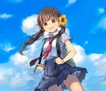  1girl :d backpack bag blue_skirt blue_sky brown_eyes brown_hair clouds cloudy_sky collared_shirt cowboy_shot day floating_hair flower hair_flower hair_ornament kuga_tsukasa long_hair looking_at_viewer necktie open_mouth original outdoors pleated_skirt red_neckwear shirt skirt sky smile solo standing sunflower sunflower_hair_ornament twintails white_shirt wing_collar 