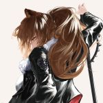  1girl animal_ears arknights bangs black_jacket breasts brown_hair commentary fur-trimmed_jacket fur_trim grey_background highres jacket large_breasts lion_ears long_hair long_sleeves looking_at_viewer ponytail siege_(arknights) simple_background solo upper_body wildbori yellow_eyes 