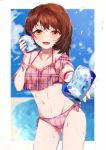  1girl bangs beach bikini blurry blurry_background blush bracelet brown_eyes brown_hair can cowboy_shot creatures_(company) cute depth_of_field droplet game_freak groin half-closed_eyes highres holding holding_can jewelry looking_at_viewer navel nintendo offering olm_digital outside_border pink_bikini plaid plaid_bikini pokemon pokemon_(game) pokemon_swsh senta_(ysk_0218) short_sleeves side-tie_bikini soda_can solo standing swimsuit wet wristband yuuri_(pokemon) 